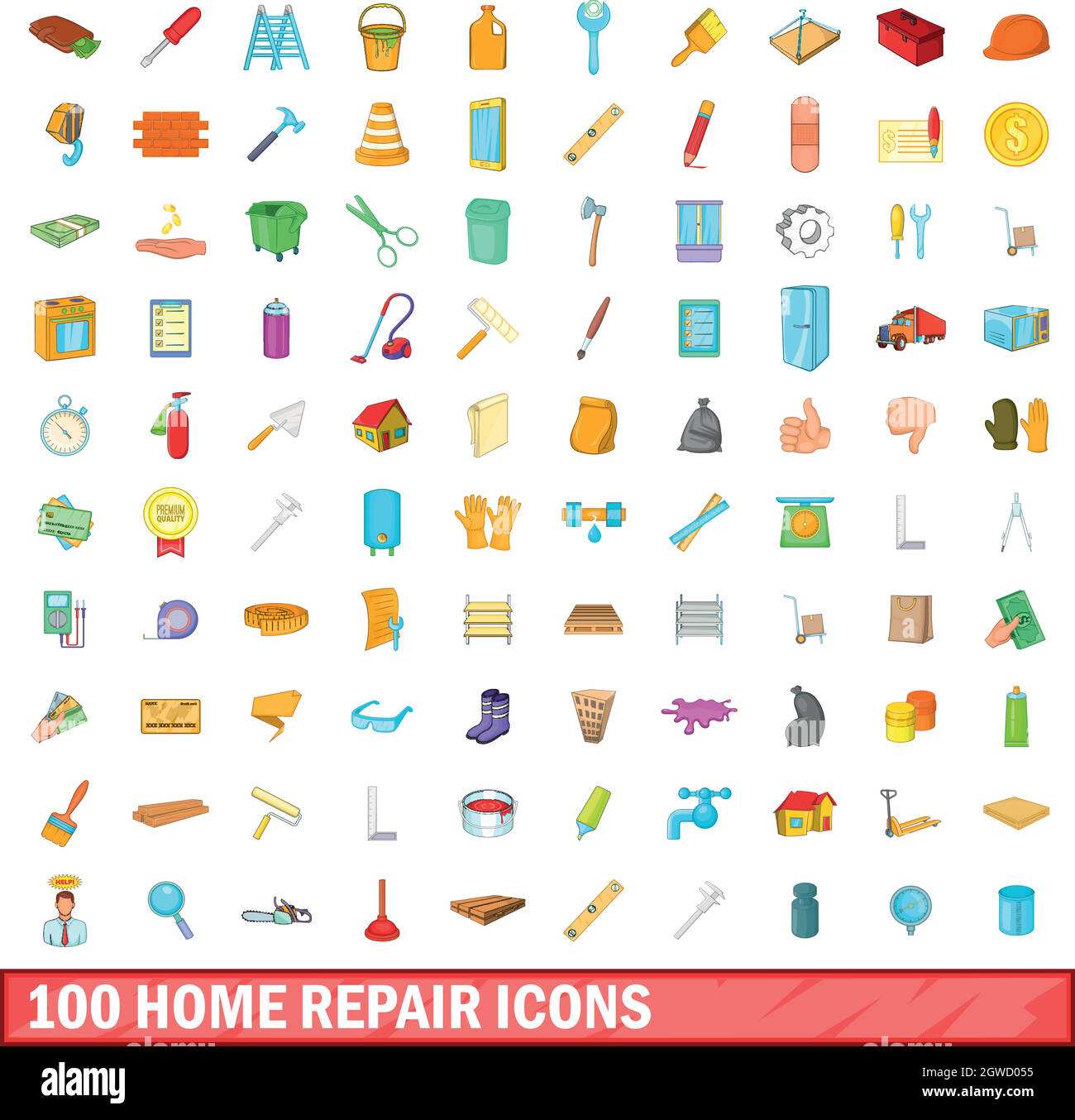 100 icons set de réparation de maison, style cartoon Illustration de Vecteur