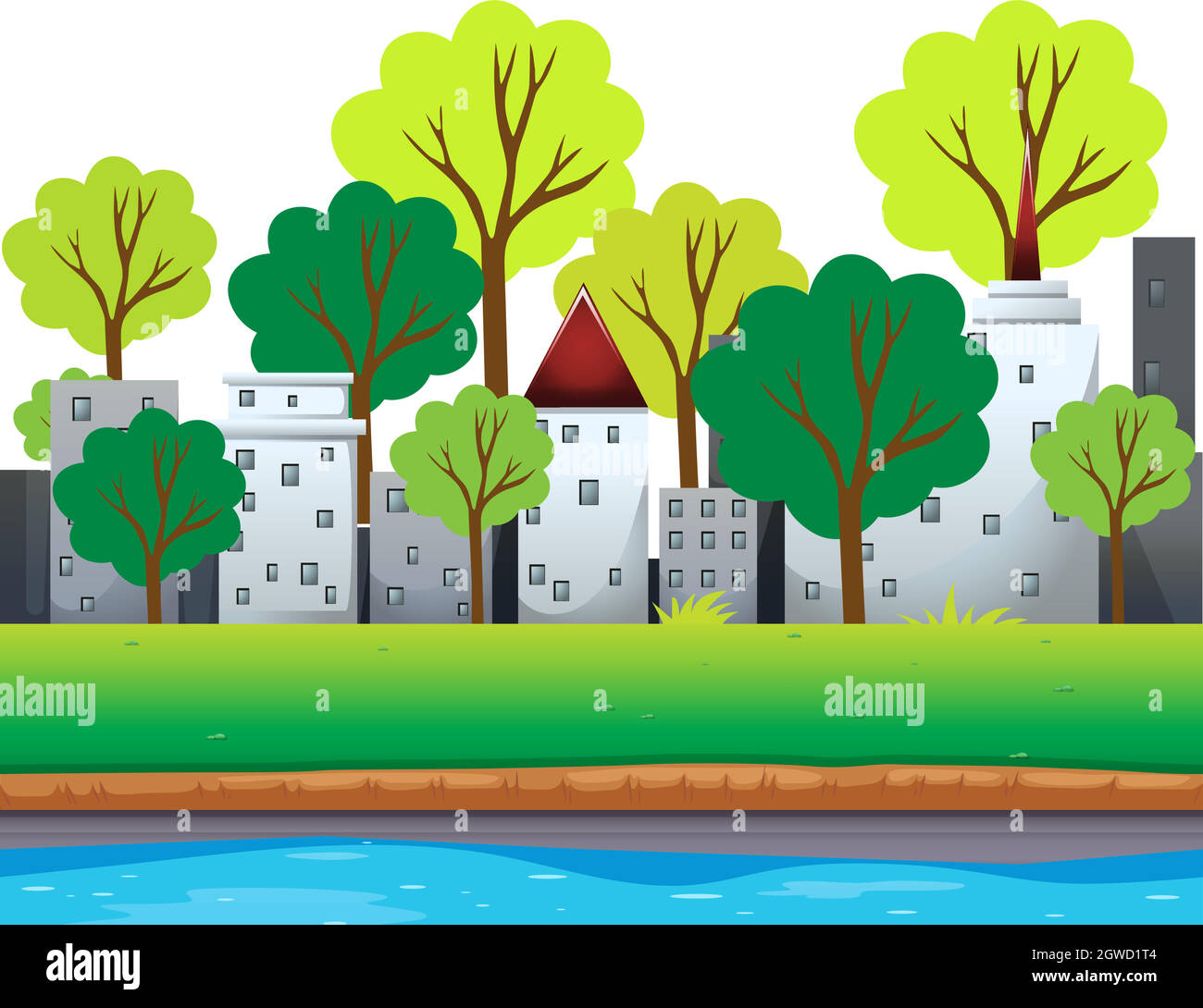 Bâtiments de la ville et arbres le long de la rivière Illustration de Vecteur