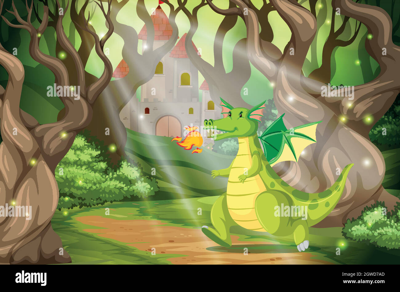 Un dragon dans le château de la forêt Illustration de Vecteur