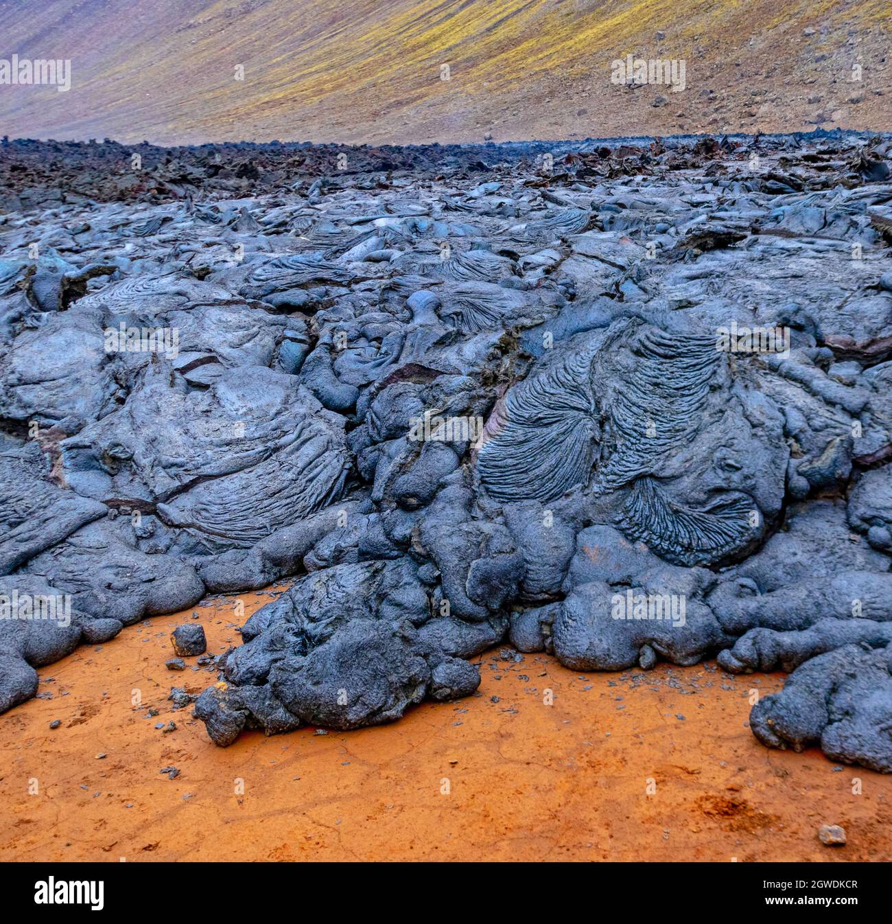 Fagradalsfjall, Islande - 11 juin 2021 : lave de refroidissement, éruption volcanique près de Reykjavik, Islande Banque D'Images