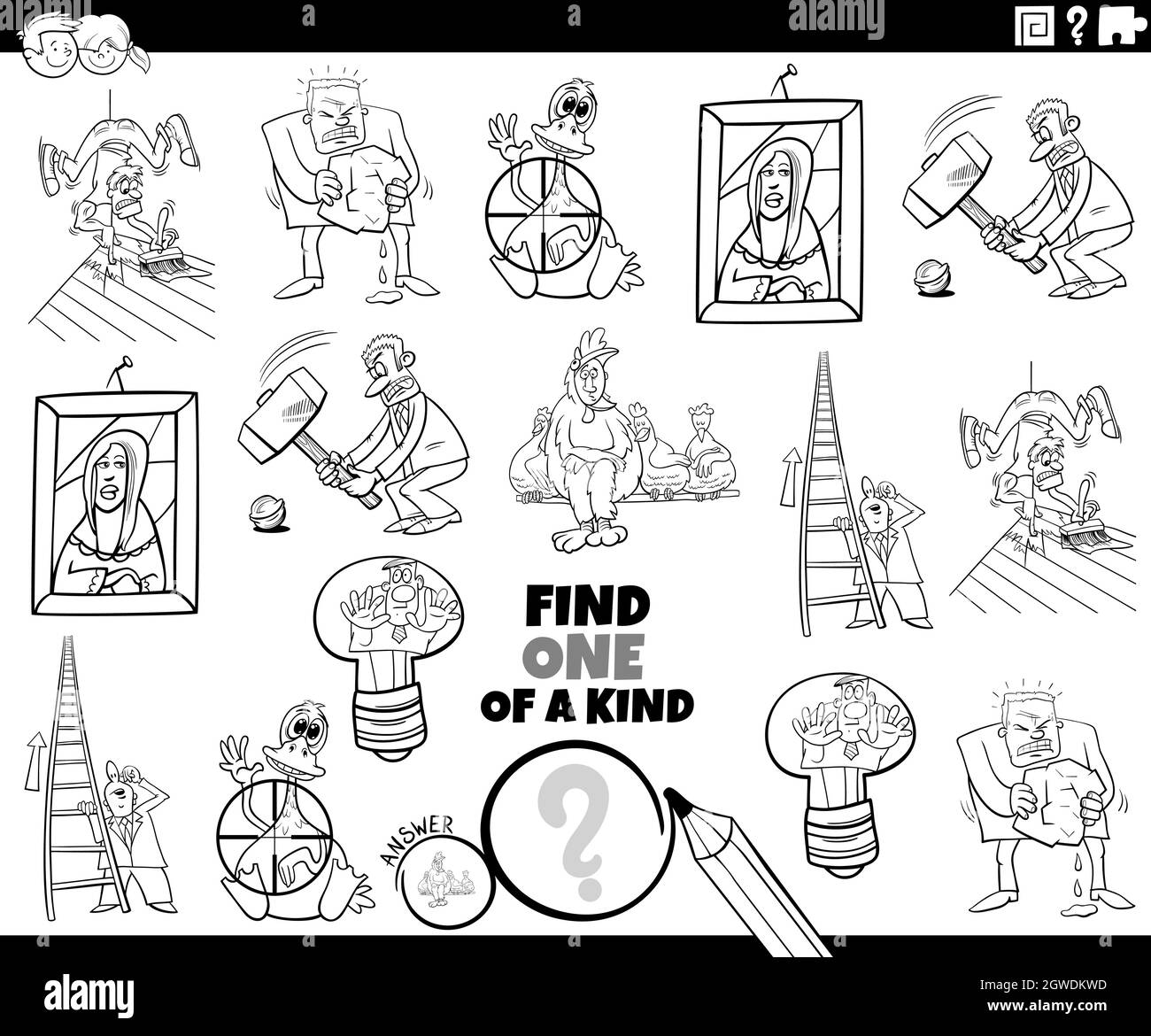 une tâche d'un genre avec la page de livre de coloriage de proverbes de bande dessinée Illustration de Vecteur