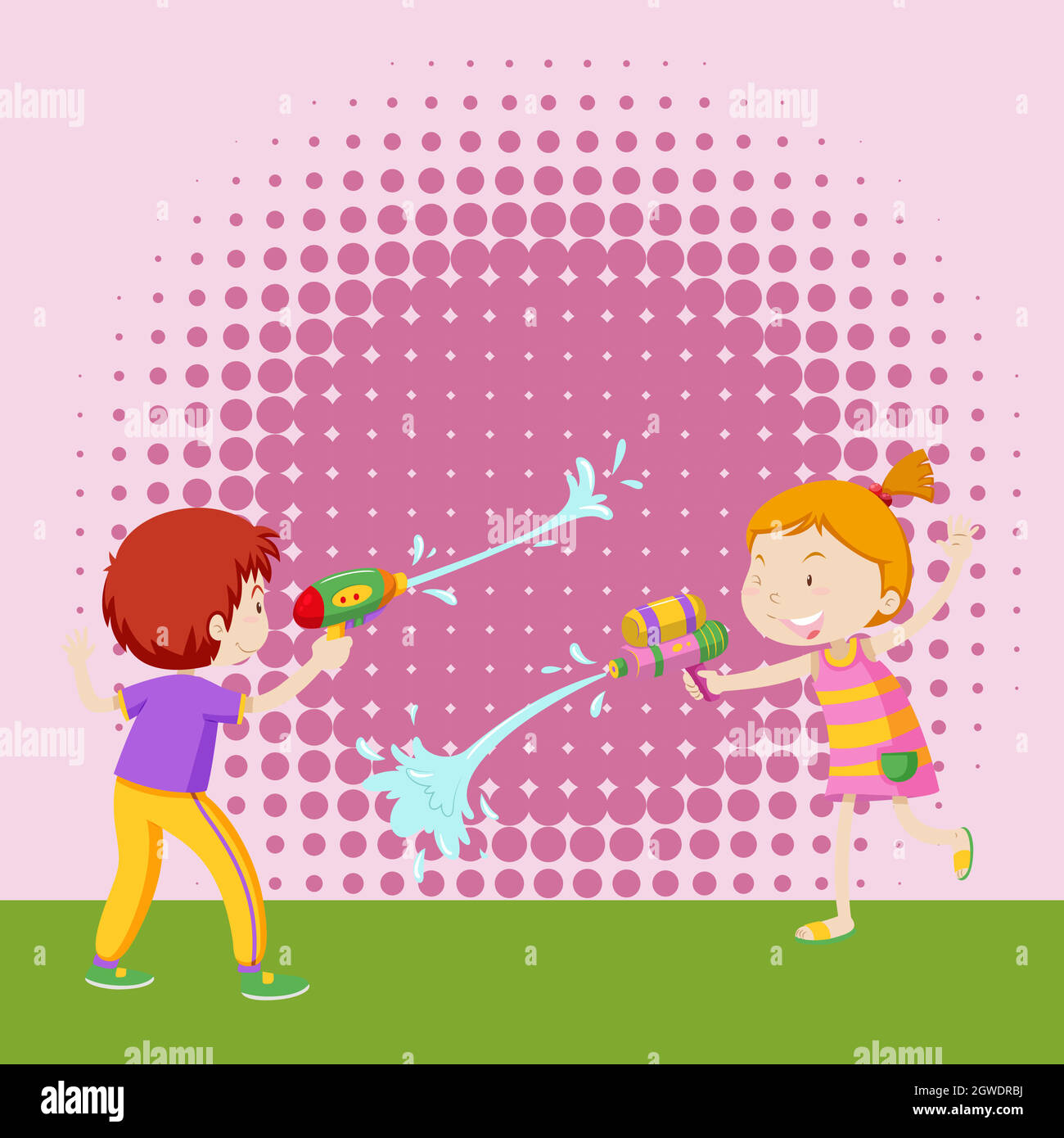 Garçon et fille jouant avec un pistolet à eau Illustration de Vecteur