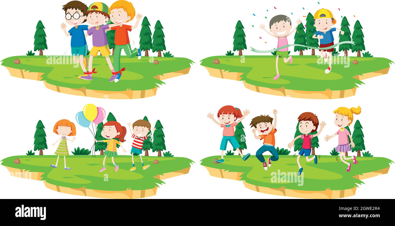 Quatre scènes d'enfants jouant à des jeux dans le parc Illustration de Vecteur