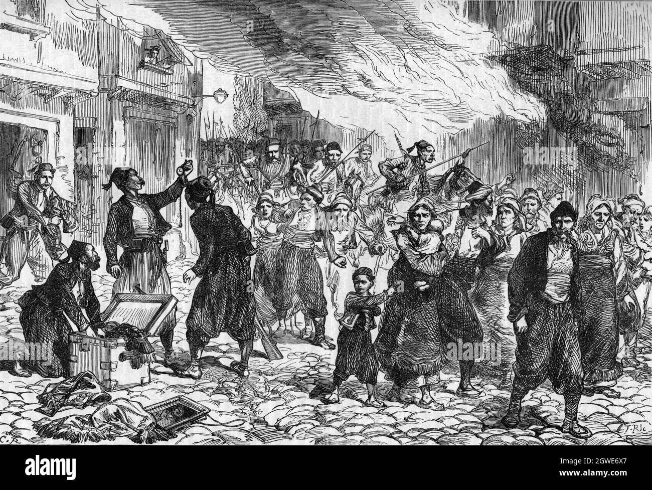 B&W Illustration : 1876 soulèvement et incendie et sac de Batak, province de Pazardzhik, Bulgarie Banque D'Images
