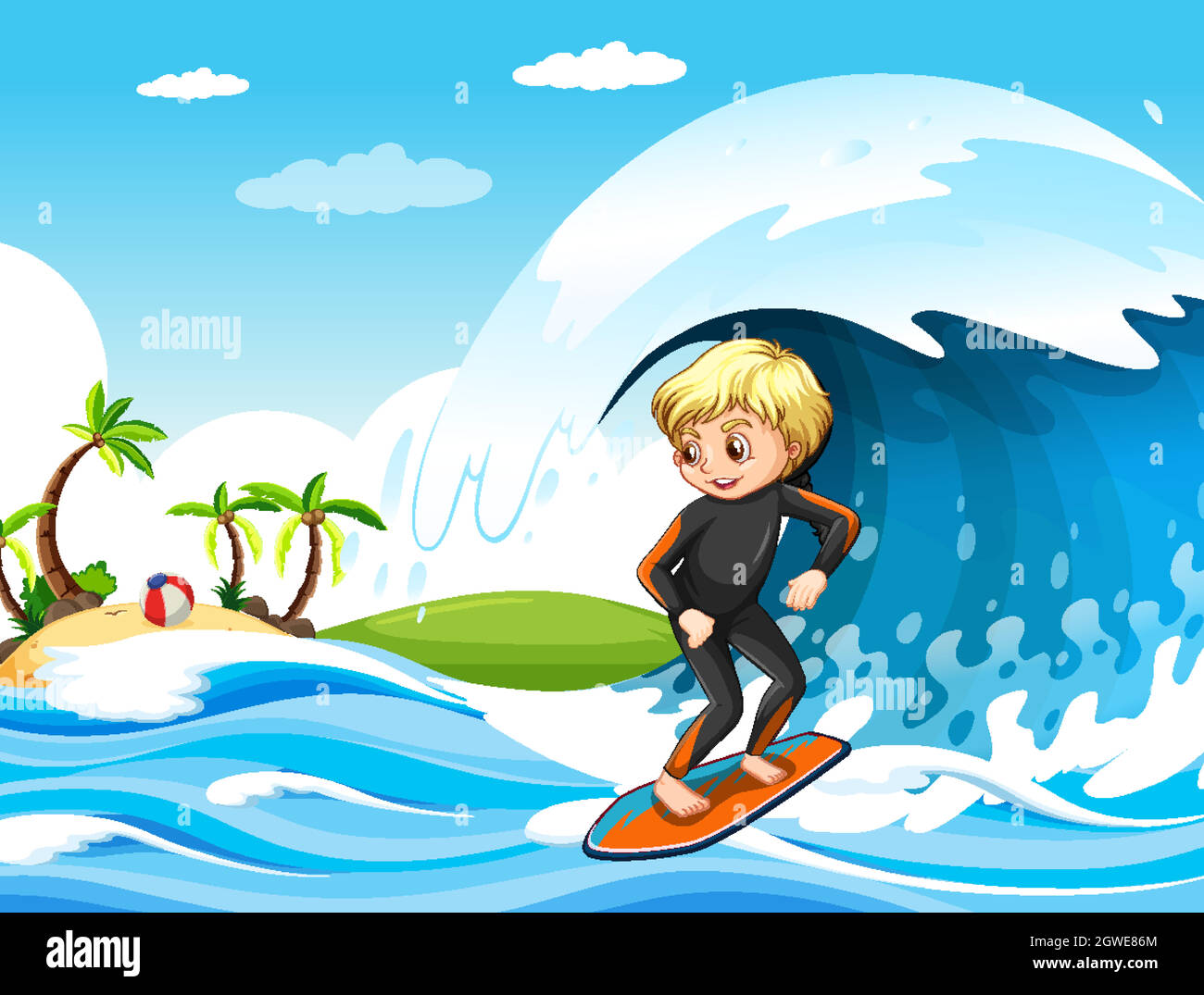 Grande vague dans la scène de l'océan avec un garçon debout sur une planche de surf Illustration de Vecteur