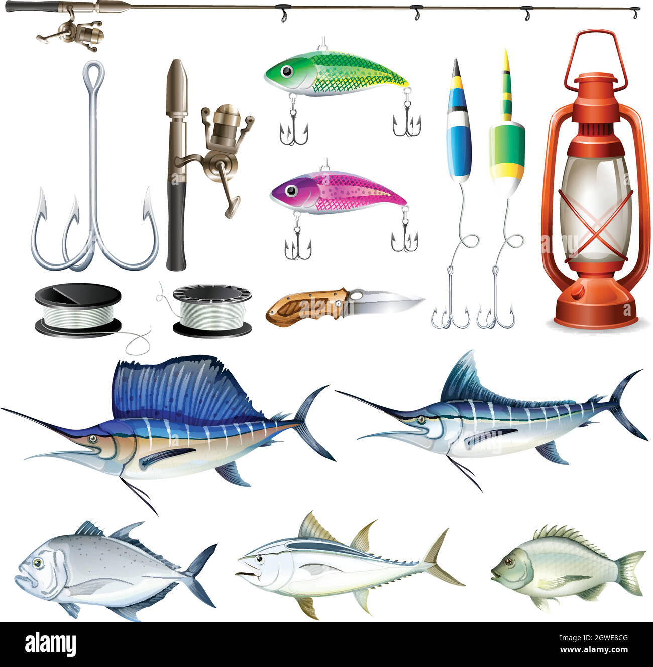 Set de pêche avec équipement et poisson Illustration de Vecteur
