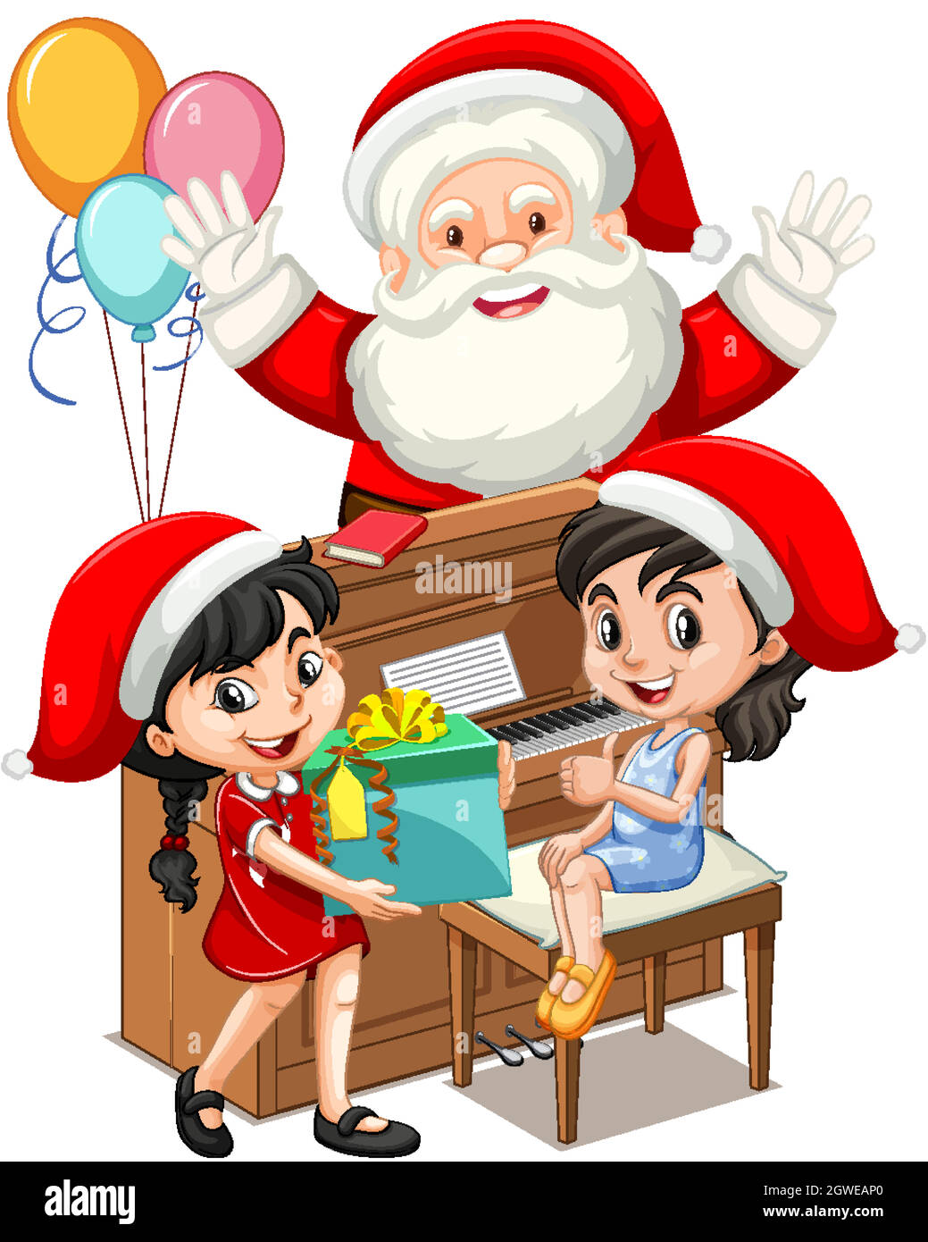 Le Père Noël avec deux filles jouant du piano sur fond blanc Illustration de Vecteur