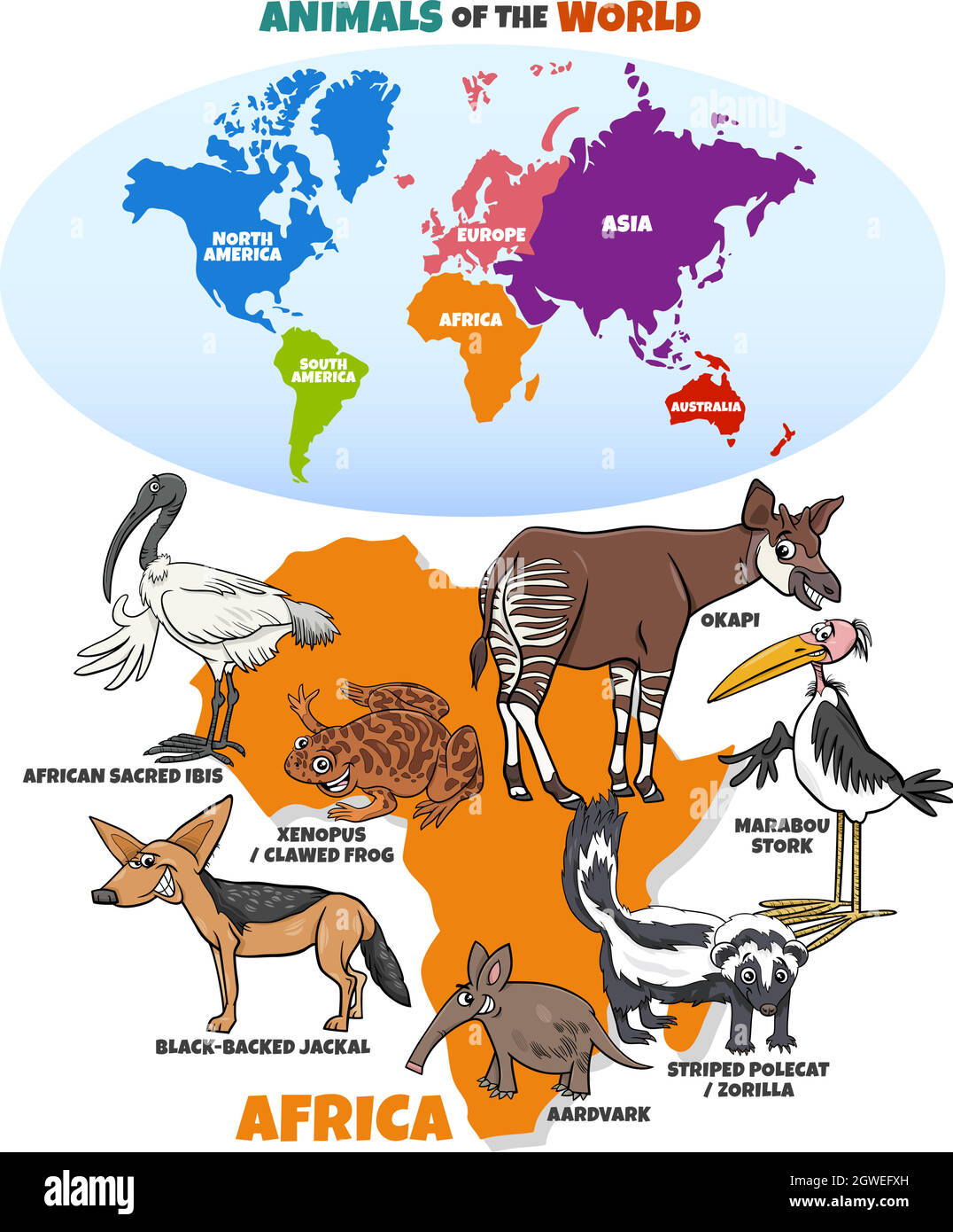 Illustration éducative avec les animaux africains et carte des continents Illustration de Vecteur