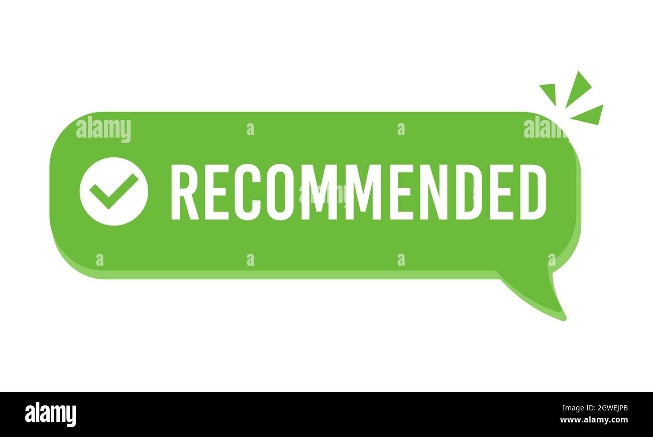 Vecteur d'icône recommandé, étiquette de recommandation verte avec coche, pictogramme de badge de confiance ou d'assurance isolé. Illustration de Vecteur