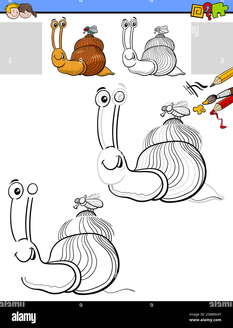 tâche de dessin et de coloration avec des caractères d'escargot et de mouche Illustration de Vecteur