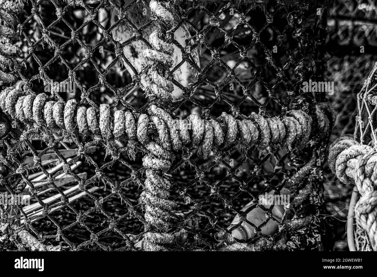 Pots et cordes de homard et de crabe gros plan vue de bas niveau pour la pêche nautique texture industrielle motifs d'arrière-plan image monochrome Banque D'Images