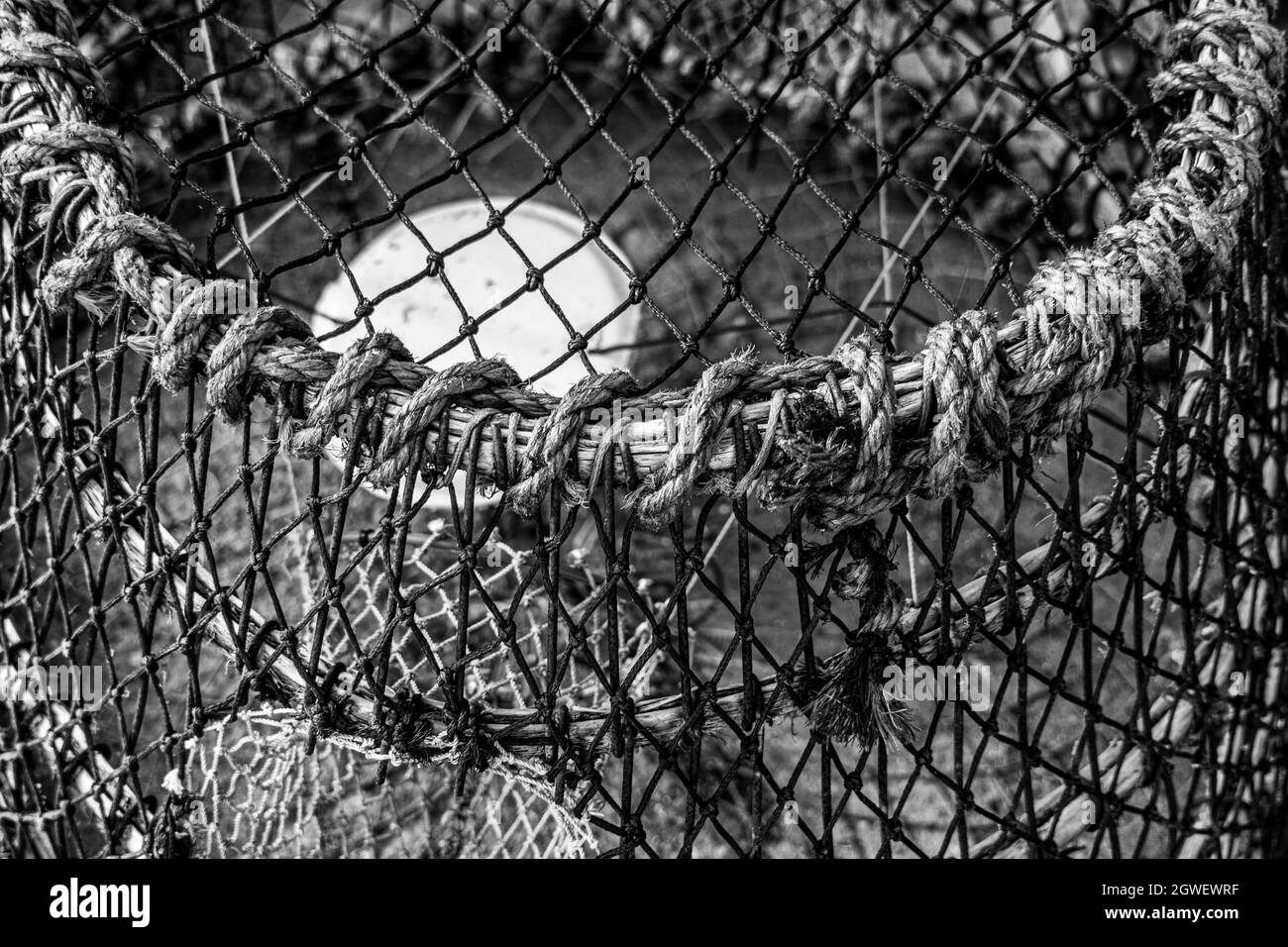 Pots et cordes de homard et de crabe gros plan vue de bas niveau pour la pêche nautique texture industrielle motifs d'arrière-plan image monochrome Banque D'Images