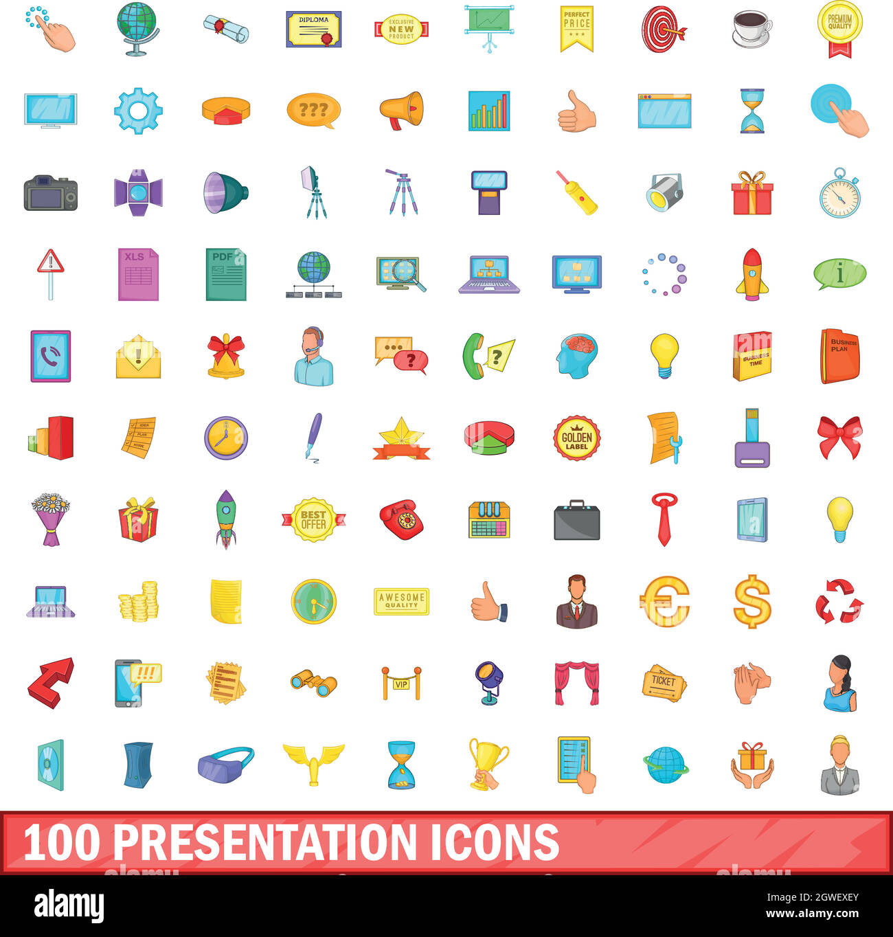 100 Présentation icons set, cartoon style Illustration de Vecteur