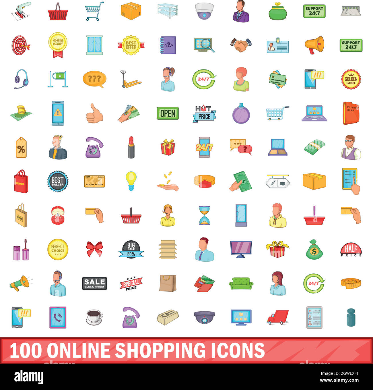 Magasinage en ligne 100 icons set, cartoon style Illustration de Vecteur