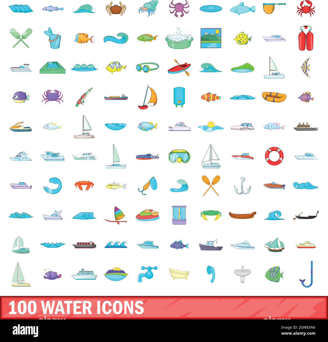 100 icônes de l'eau, jeu de style cartoon Illustration de Vecteur