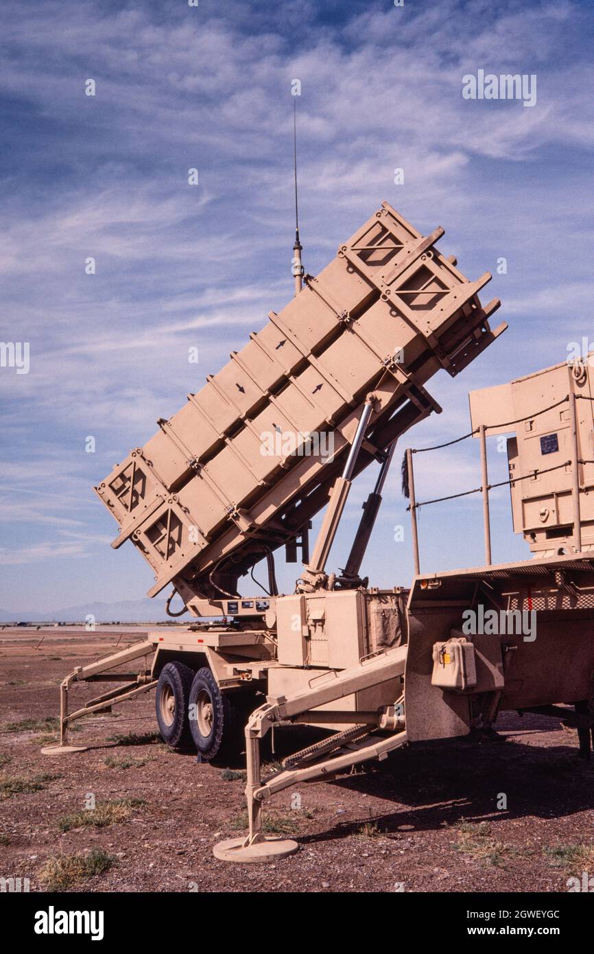 Un lanceur de missiles Patriot MIM-104 de l'armée américaine exposé à la base aérienne de Holloman. Banque D'Images