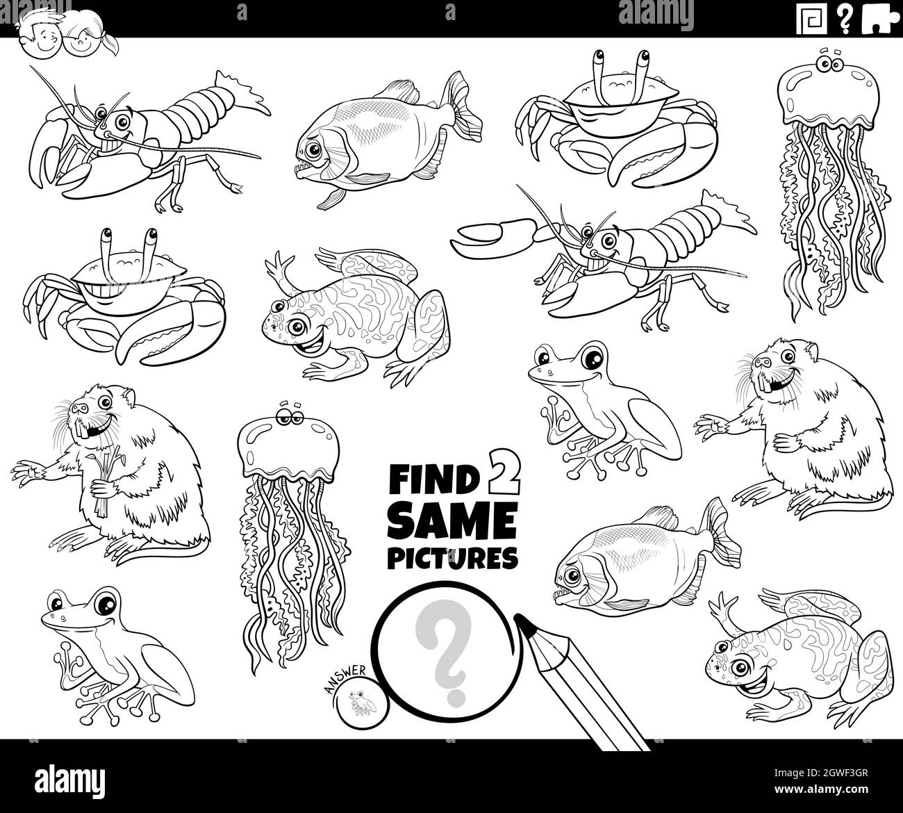 trouvez deux mêmes animaux tâche coloriage livre page Illustration de Vecteur