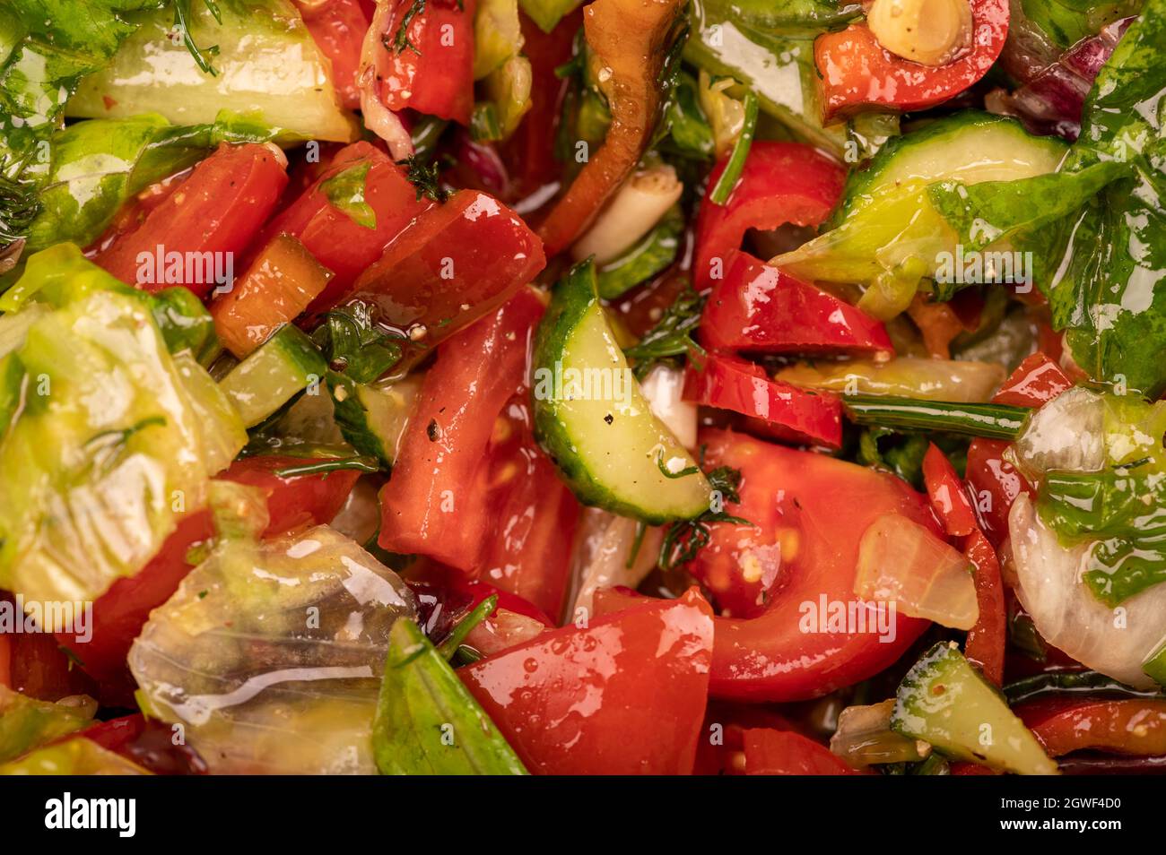 Salade de légumes en tranches de tomates, concombres, poivrons, radis et herbes, gros plan, mise au point sélective Banque D'Images