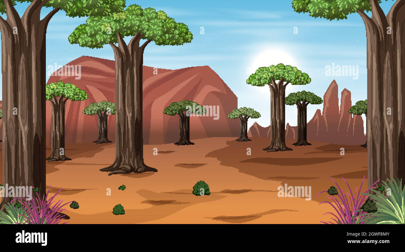 Paysage de la forêt de Savanna africaine à l'heure de la journée Illustration de Vecteur