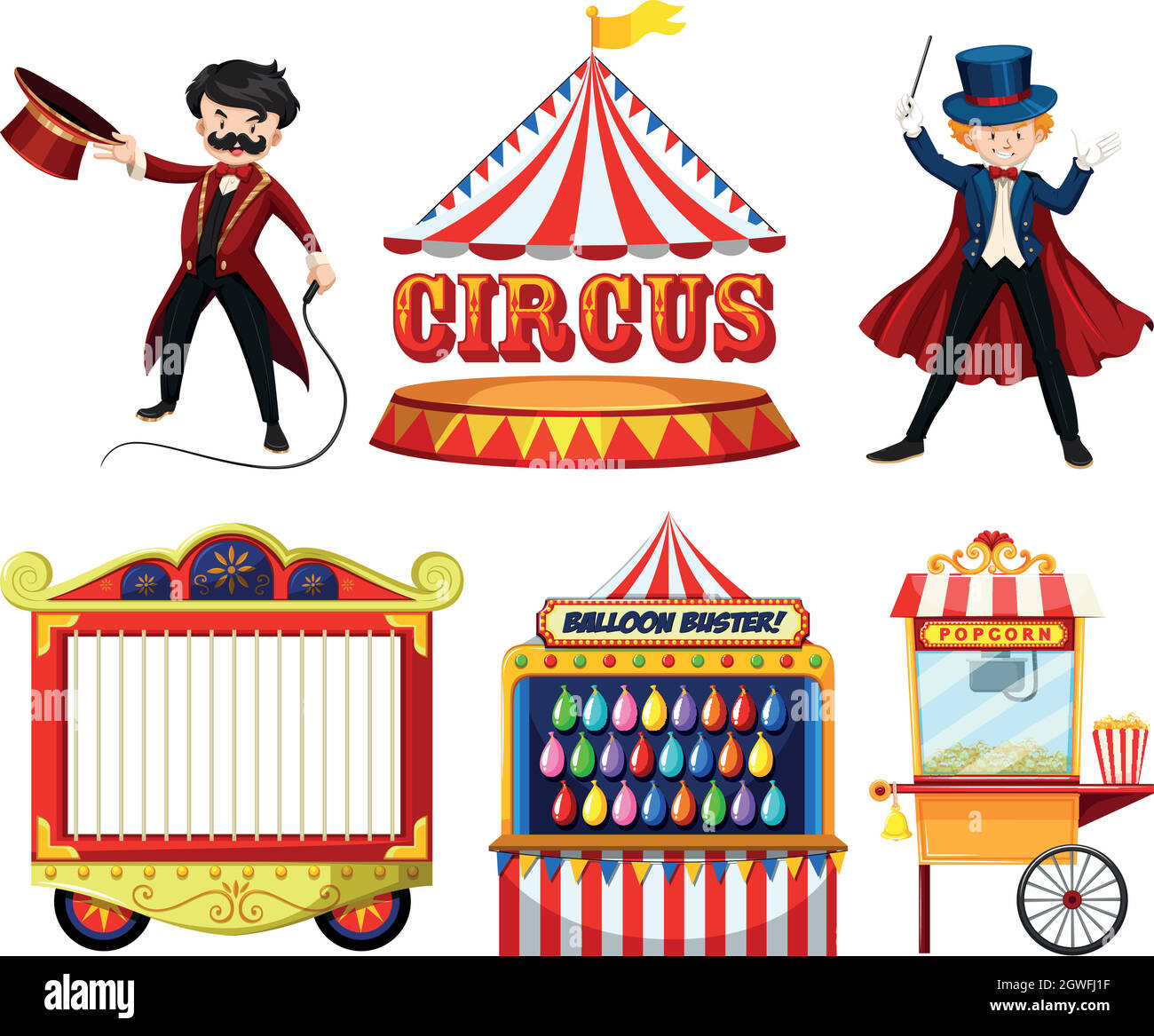 Objets à thème de cirque avec magicien, tente, cage, jeux et cuisine Illustration de Vecteur