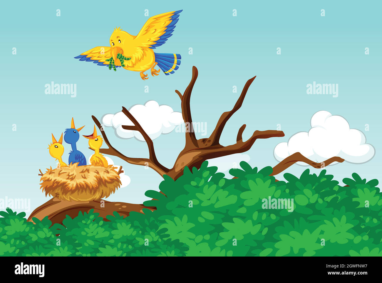 Mère oiseau nourrissant les bébés avec des vers Illustration de Vecteur