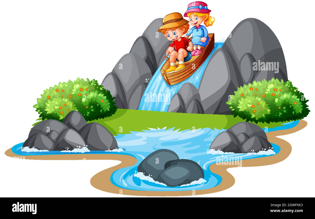 Les enfants s'amarrau bateau dans la scène de cascade du cours d'eau Illustration de Vecteur