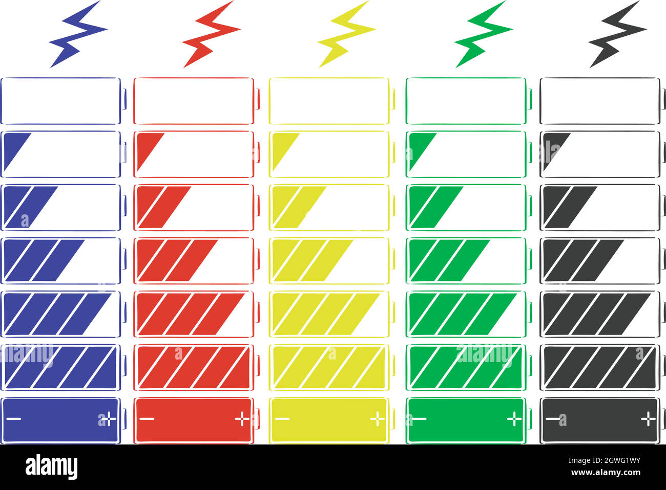 Icône de batterie en cinq couleurs Illustration de Vecteur