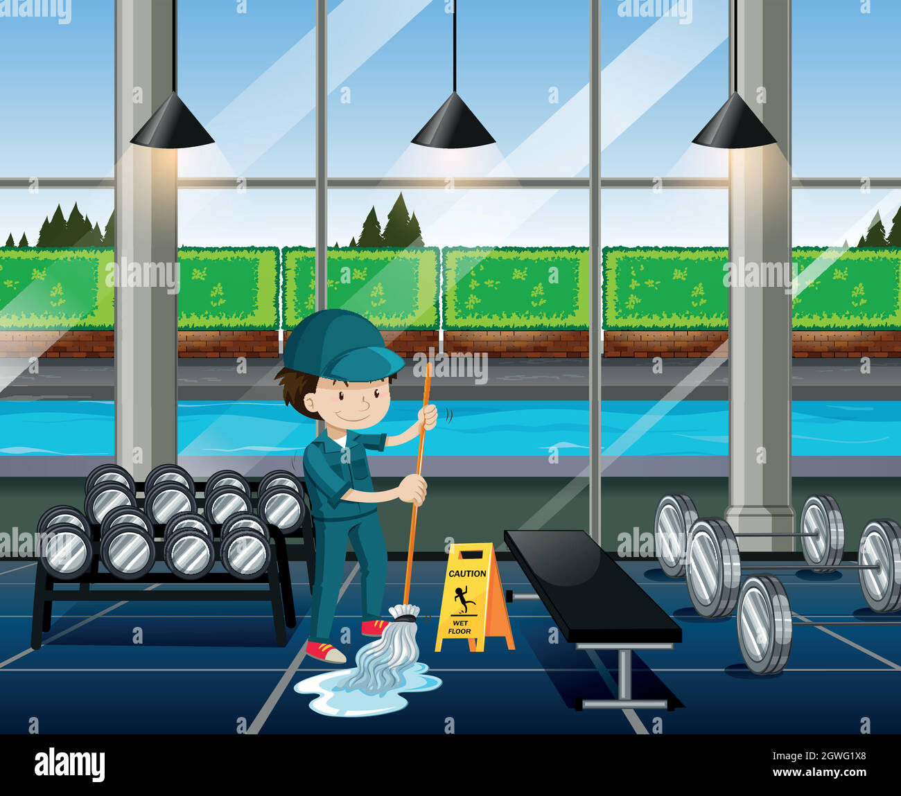 Nettoyage de la salle de fitness par un concierge Illustration de Vecteur