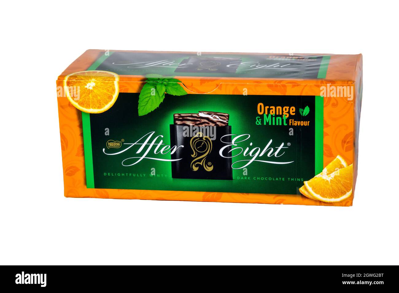 Une boîte en édition limitée aux saveurs d'orange et de menthe après huit mints. Banque D'Images