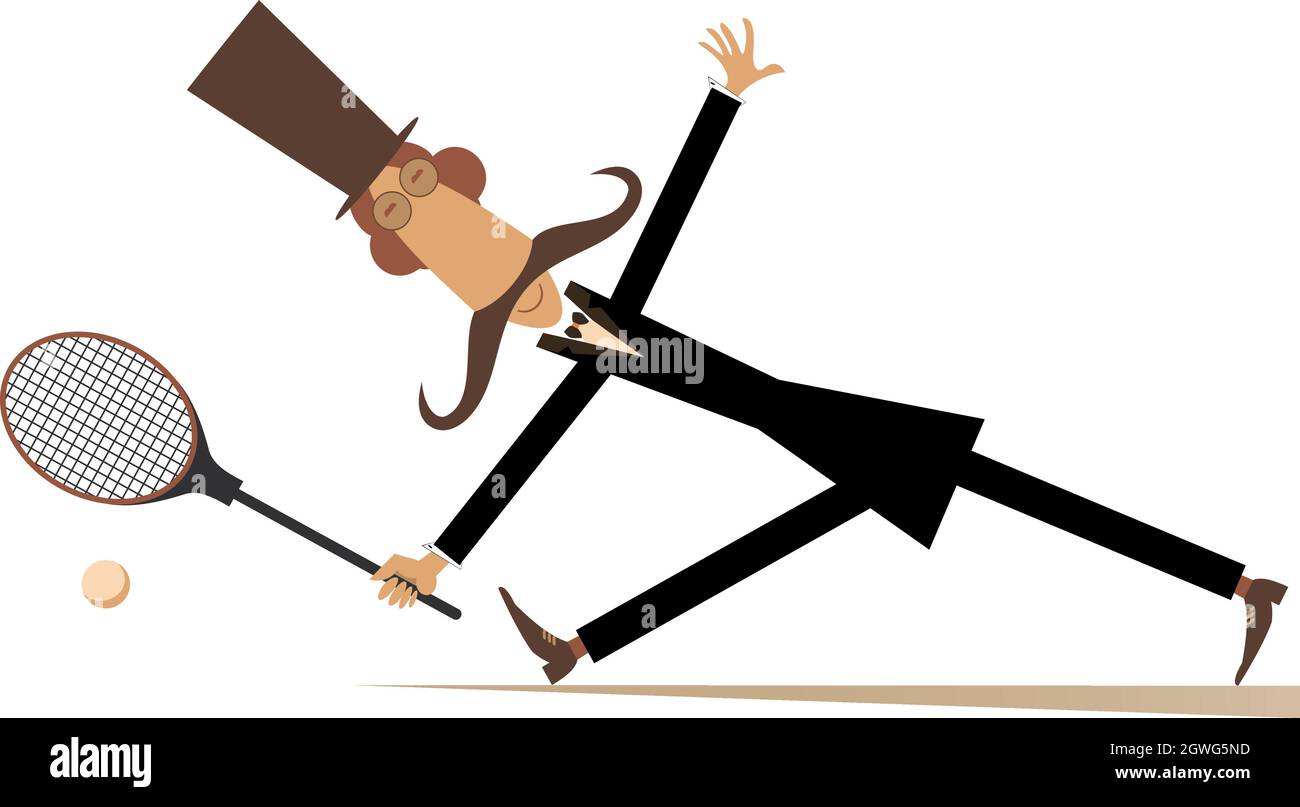 Monsieur joue au tennis illustration isolé. Dans l'homme moustache top hat joue au tennis isolated on white Illustration de Vecteur