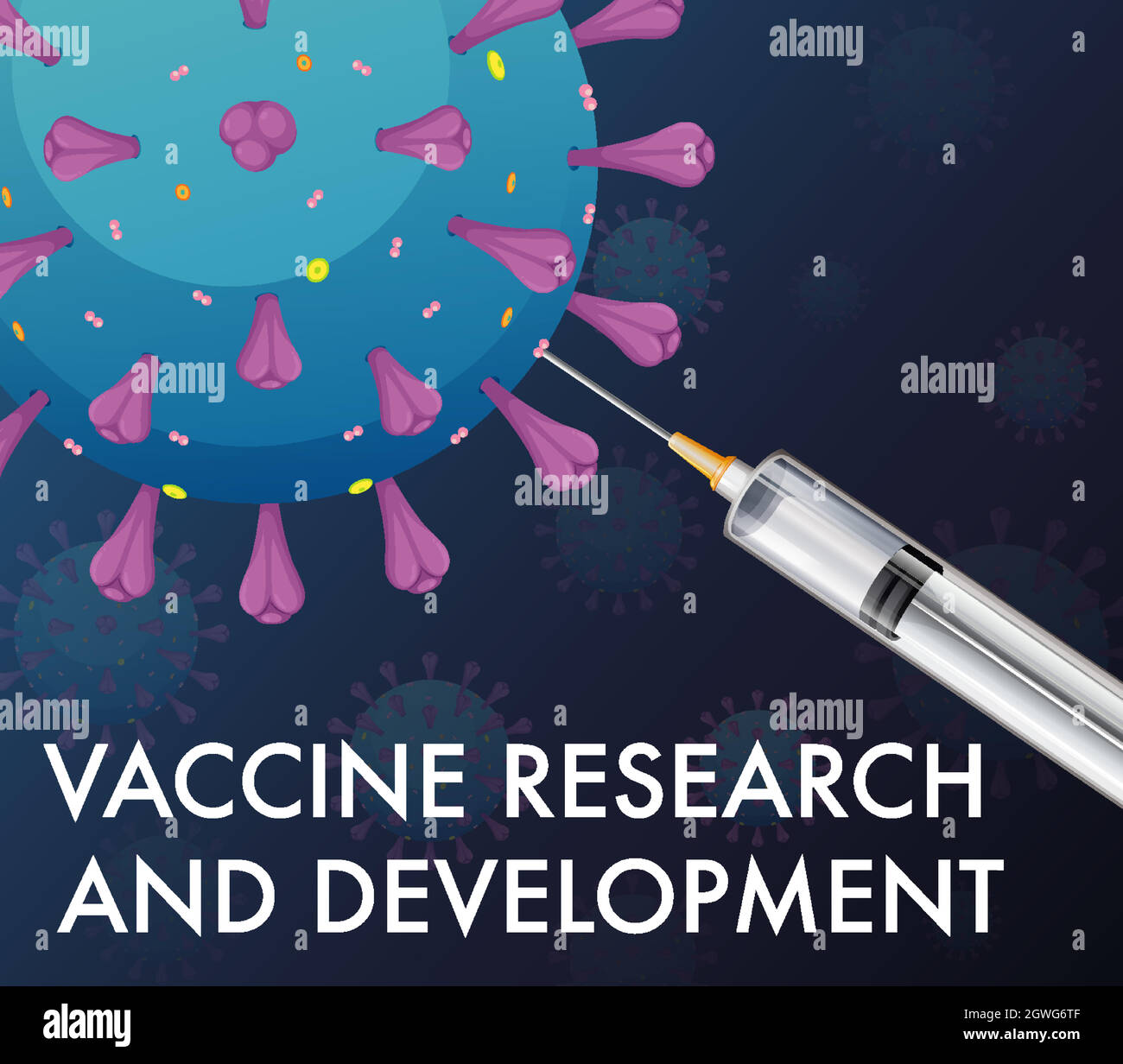 Recherche et développement de vaccins pour le covid-19 ou le coronavirus affiche ou bannière avec une seringue médicale avec aiguille Illustration de Vecteur