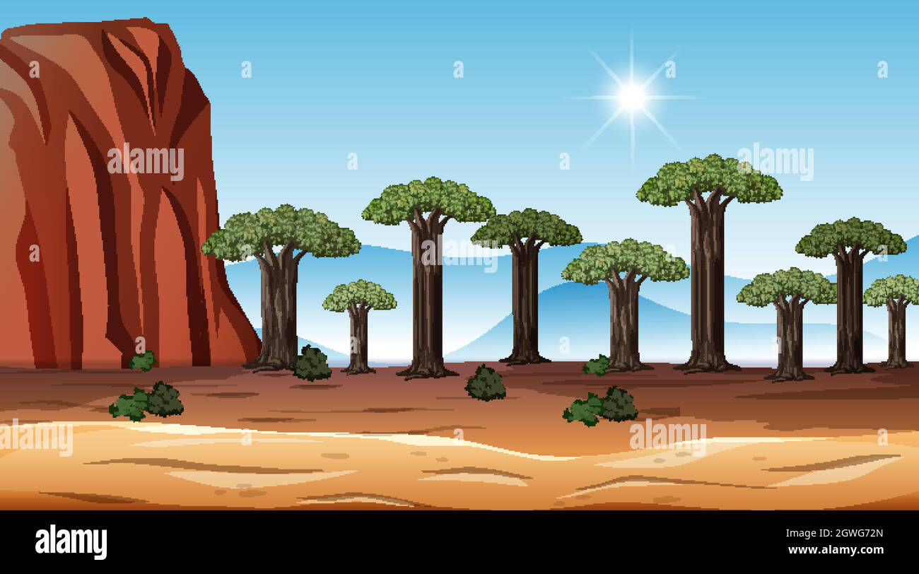 Paysage de la forêt de Savanna africaine à l'heure de la journée Illustration de Vecteur