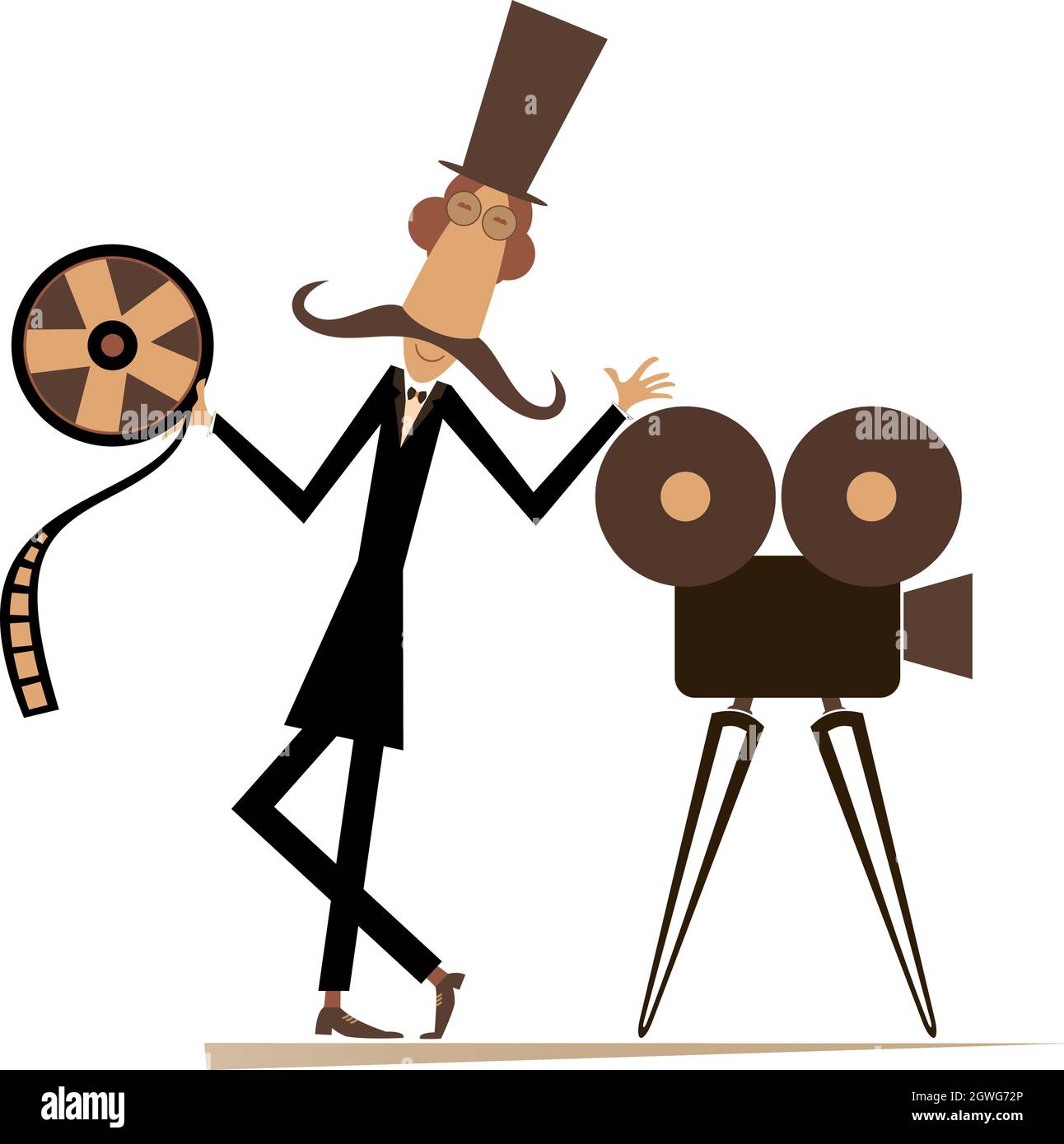 Long moustache à dessin animé, projecteur de cinéma, illustration de bande. Un homme de moustache long de dessin animé dans le chapeau supérieur se tient près du projecteur de film et tient une bande i Illustration de Vecteur