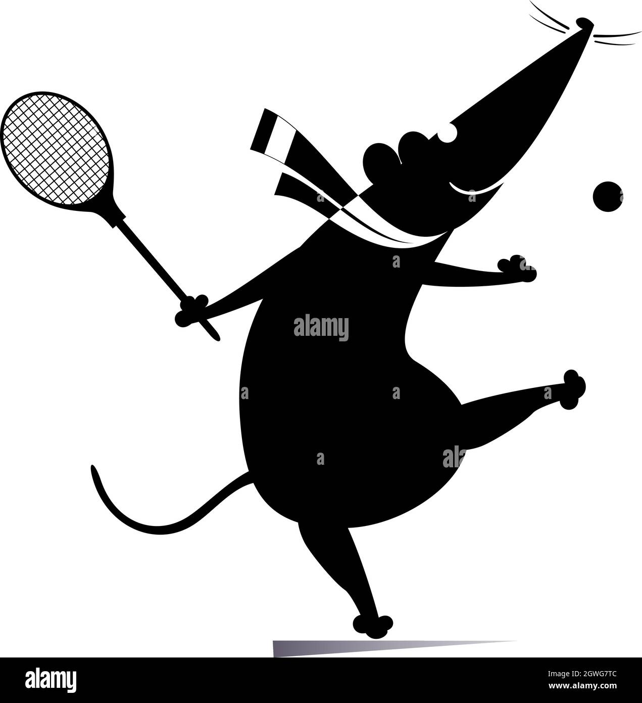 Drôle de rat ou de souris joue l'illustration de tennis. Dessin animé rat ou souris joue tennis noir sur blanc Illustration de Vecteur