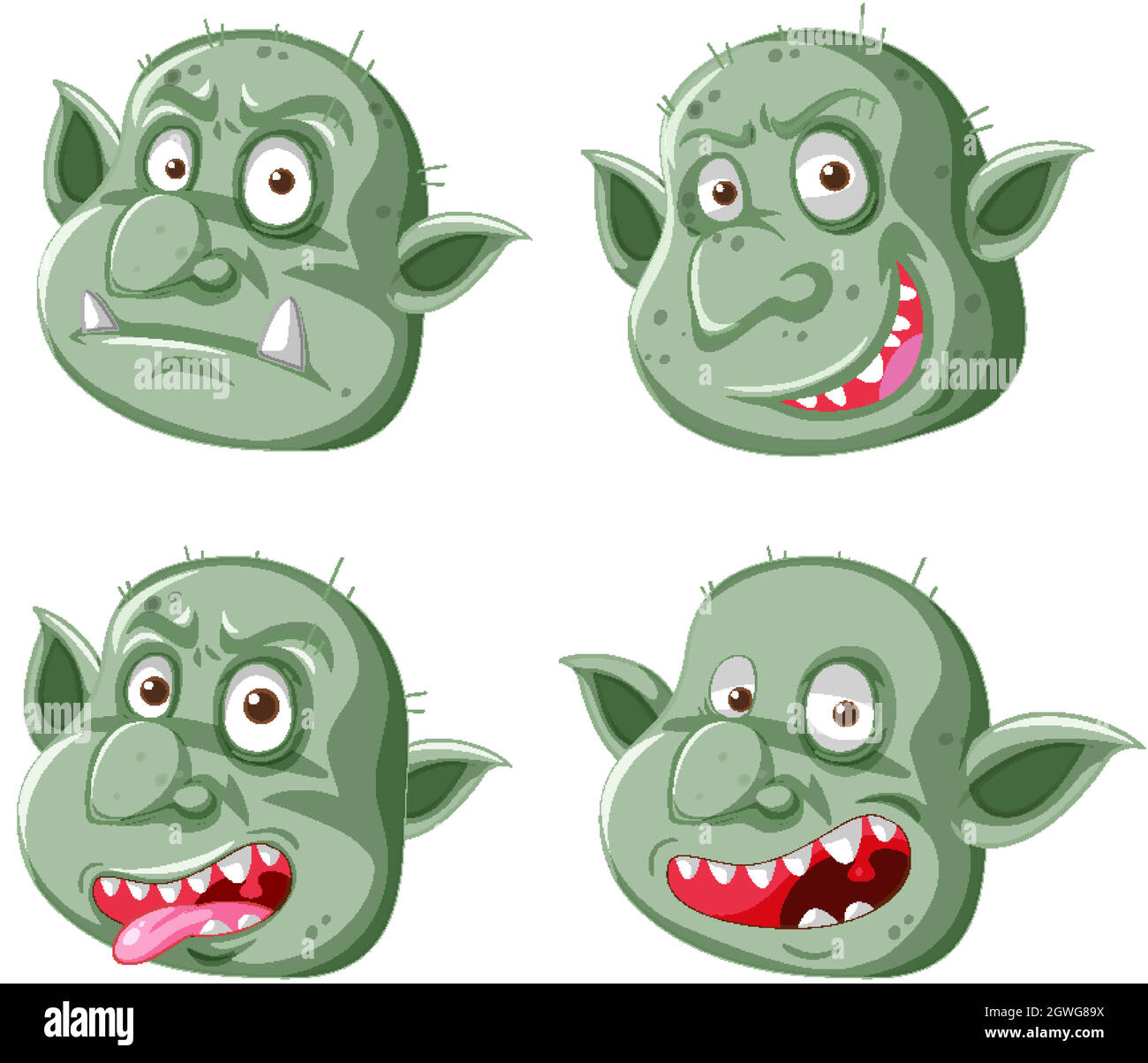 Ensemble de goblin vert foncé ou de troll face dans différentes expressions dans le style de dessin animé isolé Illustration de Vecteur