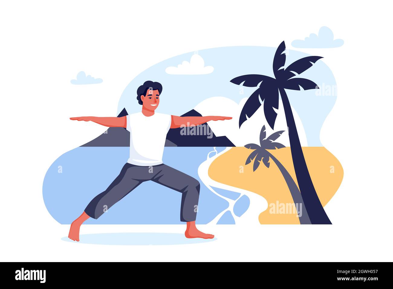 Guy se tient dans un guerrier pose virabhadrasana sur la plage de mer. Exercice de yoga en plein air. L'homme s'entraîne seul sur la nature. Vecteur personnage de dessin animé illus Illustration de Vecteur