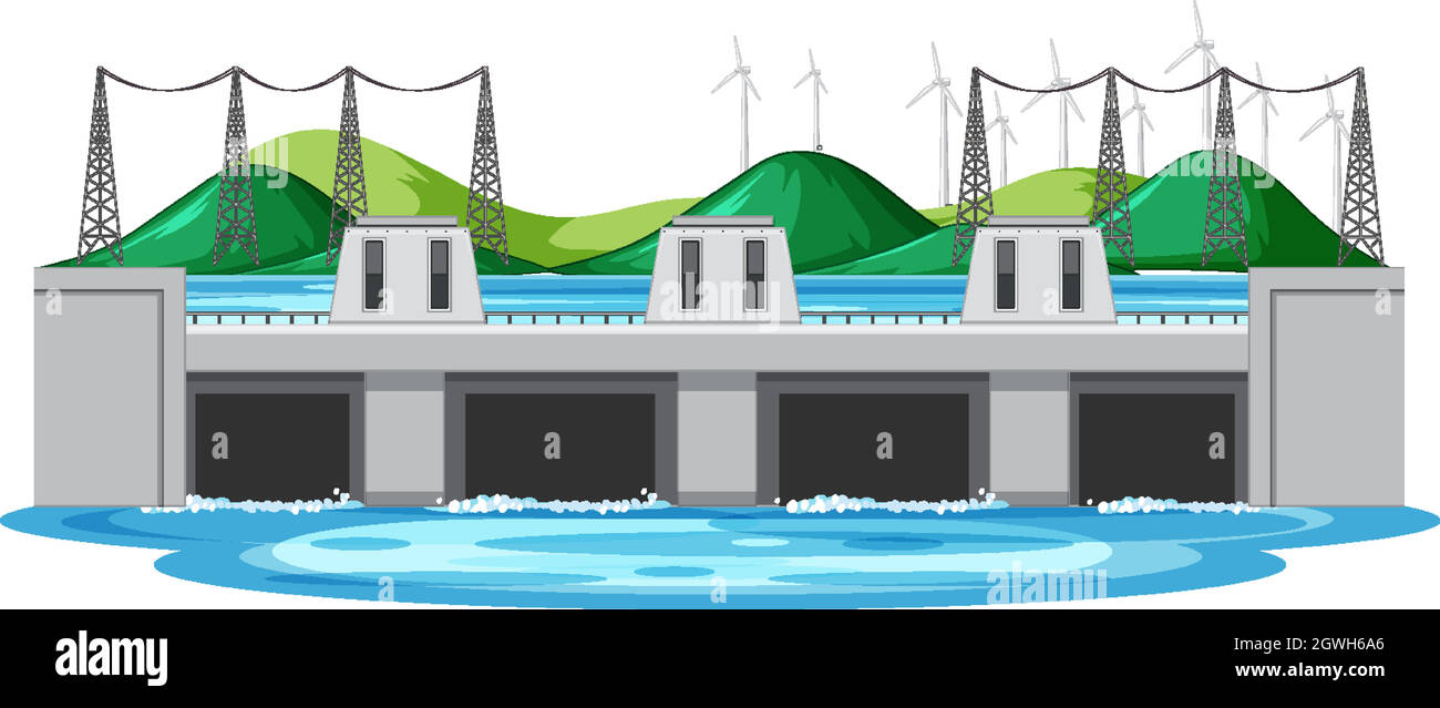 Scène avec barrage d'eau et turbines sur les collines Illustration de Vecteur