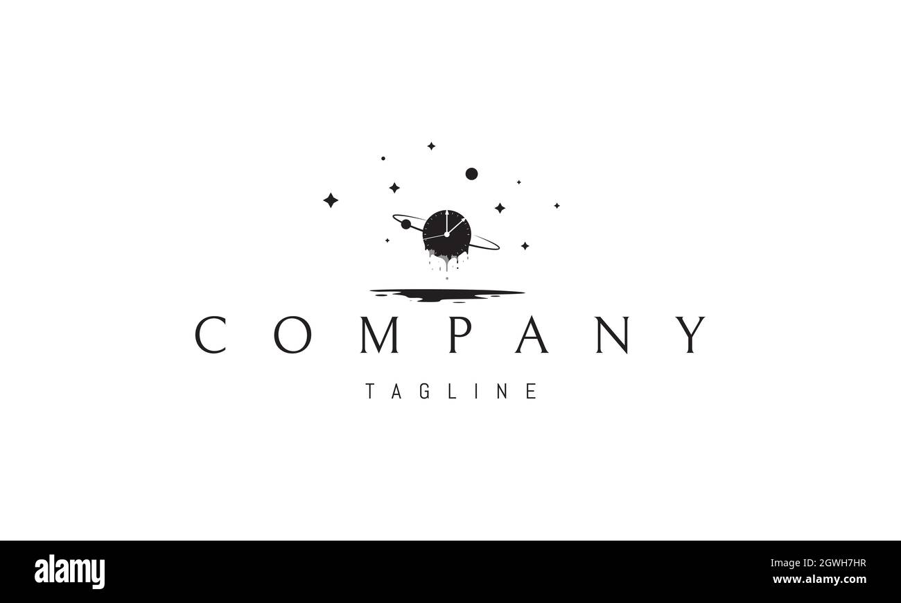 Logo vectoriel dans lequel une image abstraite d'une horloge de fusion sur l'arrière-plan de l'espace, personnifiant la valeur du temps. Illustration de Vecteur