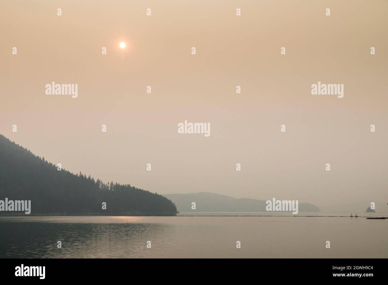 Lever du soleil à travers le brouillard, Hungry Horse Reservoir, Flathead National Forest, Montana, États-Unis Banque D'Images