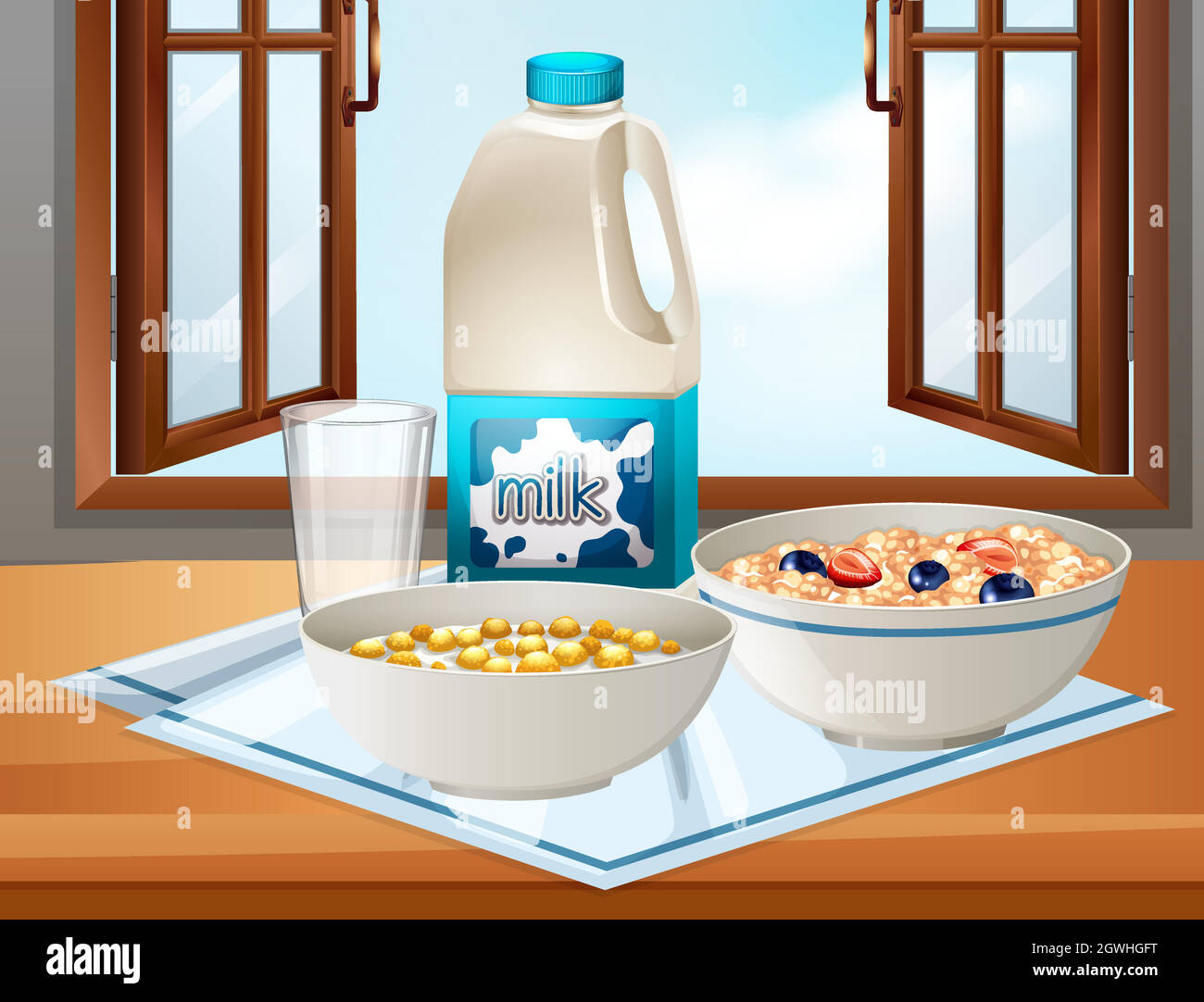 Petit déjeuner à table avec lait et céréales Illustration de Vecteur