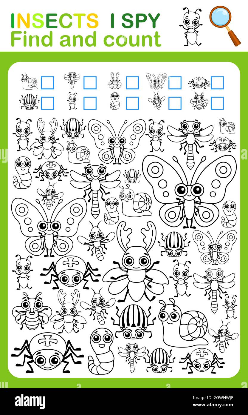 Page de livre de coloriage i SPY. Compter et colorer les insectes. Feuille de travail imprimable pour la maternelle et la maternelle Illustration de Vecteur