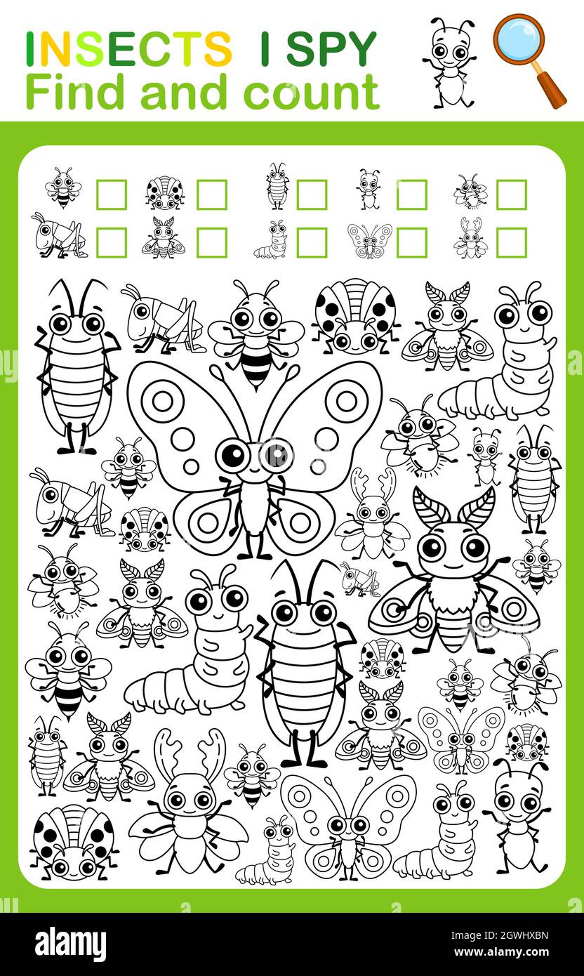 Page De Livre De Coloriage I Spy Compter Et Colorer Les Insectes Feuille De Travail Imprimable Pour La Maternelle Et La Maternelle Image Vectorielle Stock Alamy
