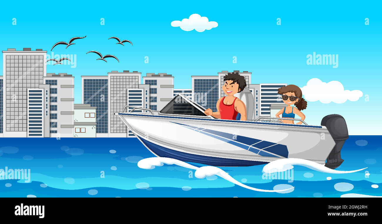 Scène de rivière avec un couple sur un bateau à grande vitesse Illustration de Vecteur
