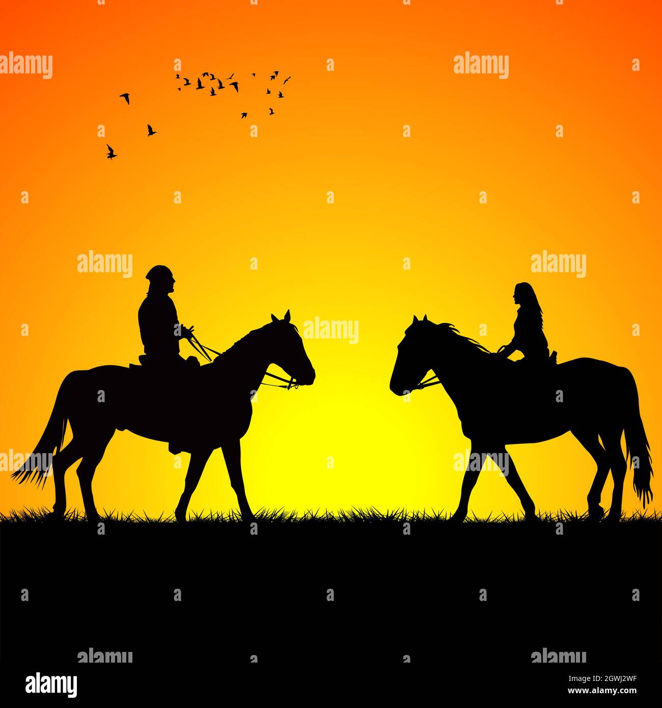 Silhouette de deux cavaliers au lever du soleil Illustration de Vecteur