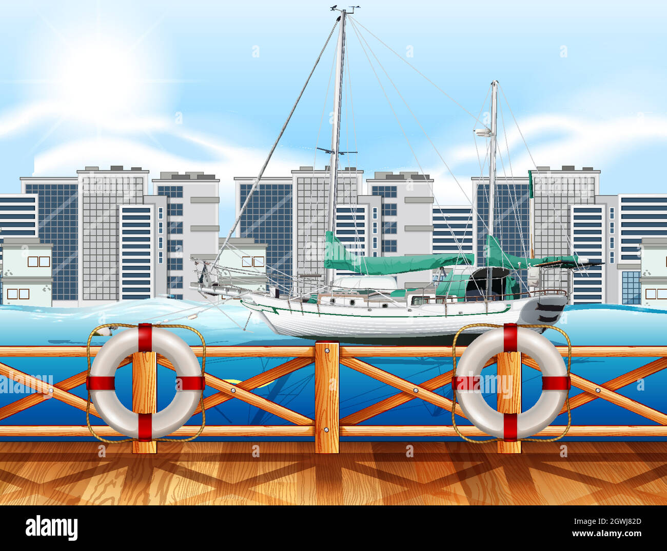 Ville sur la rivière avec un hors-bord Illustration de Vecteur