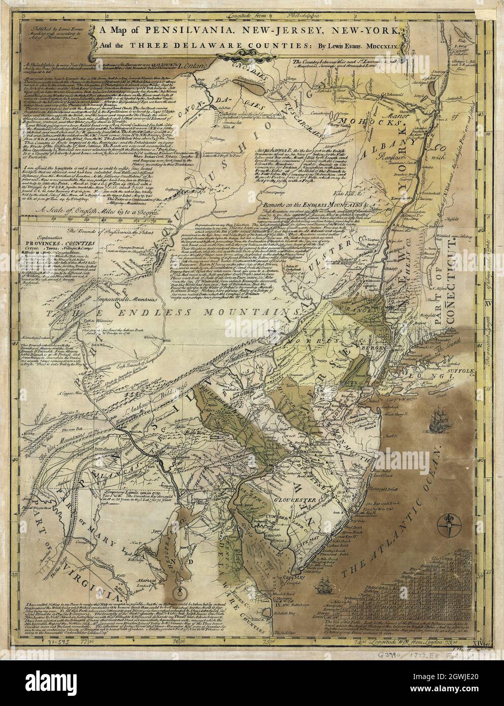 Une carte de Pensilvania, du New Jersey, de New York et des trois comtés du Delaware.Créé / publié, Philadelphie 1749. Banque D'Images