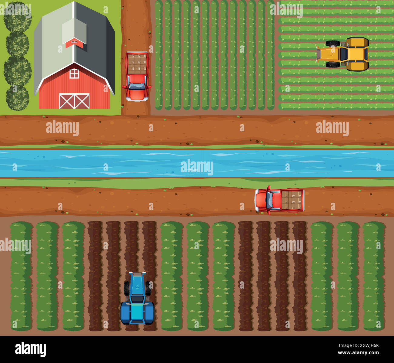 Scène aérienne de terres agricoles avec cultures et grange Illustration de Vecteur