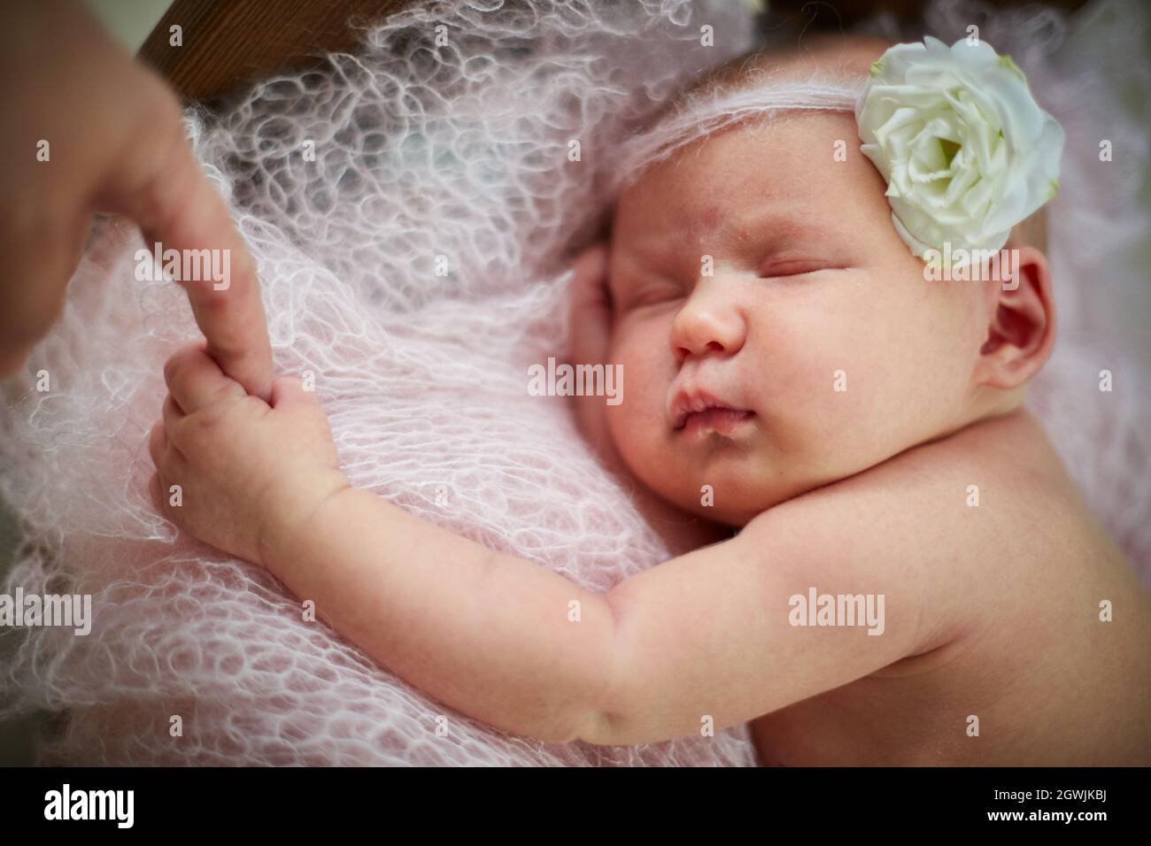 Un Bebe Nouveau Ne Charmant Avec Une Fleur Sur Sa Tete Dort Sur Un Plaid En Maille Rose Tient Le Doigt De Mamans Photo Stock Alamy