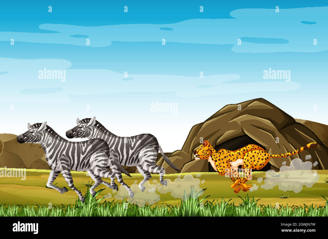 Zèbres de chasse au léopard en personnage de dessin animé sur fond de forêt Illustration de Vecteur