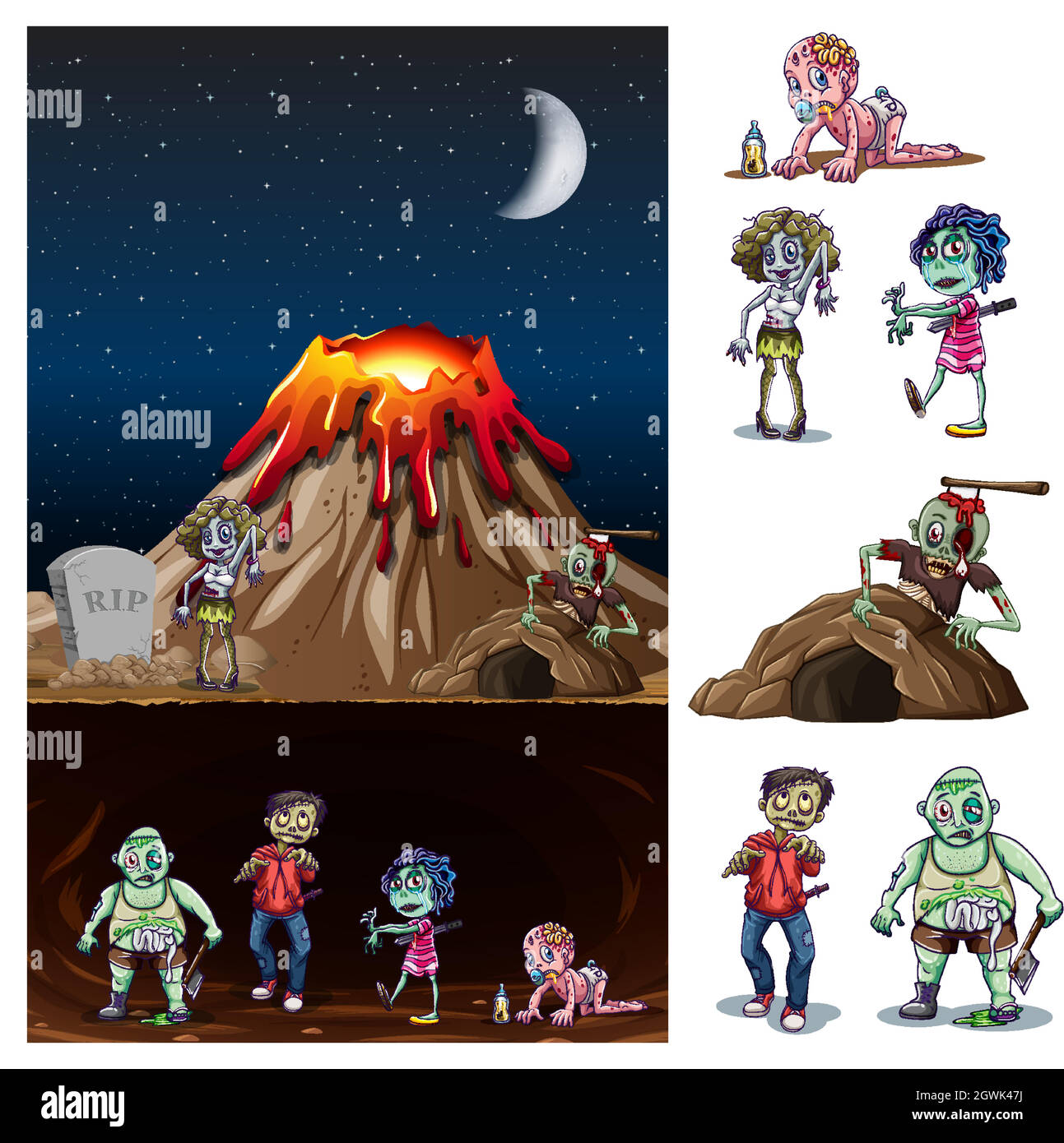 Éruption volcanique dans la scène de la nature la nuit avec des zombies Illustration de Vecteur